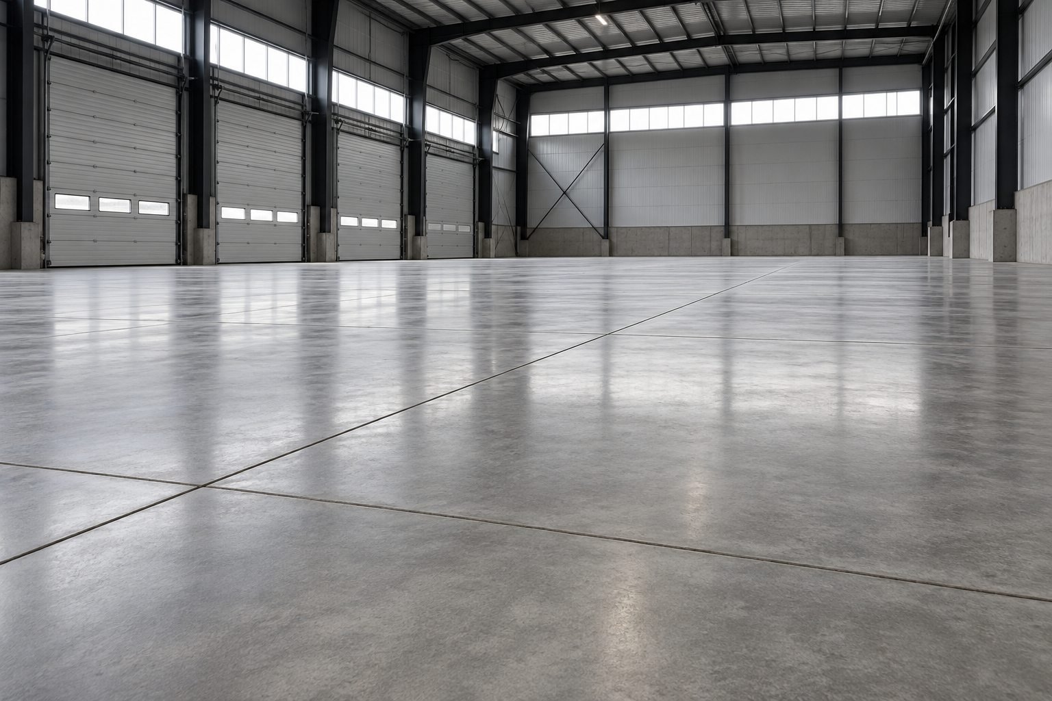 Nave industrial vacía con piso de hormigón reparado