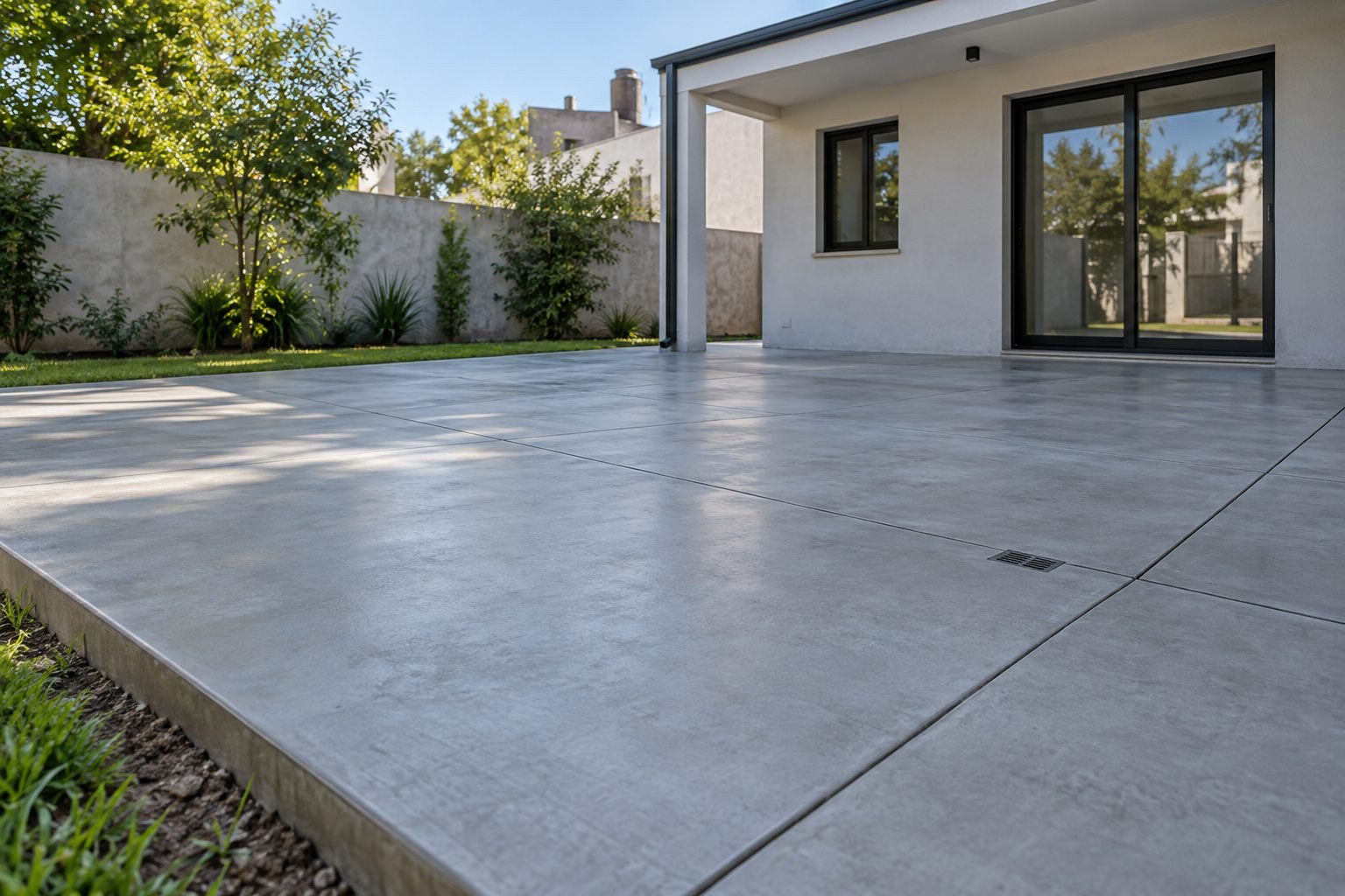 Patio residencial con losa de hormigón nueva