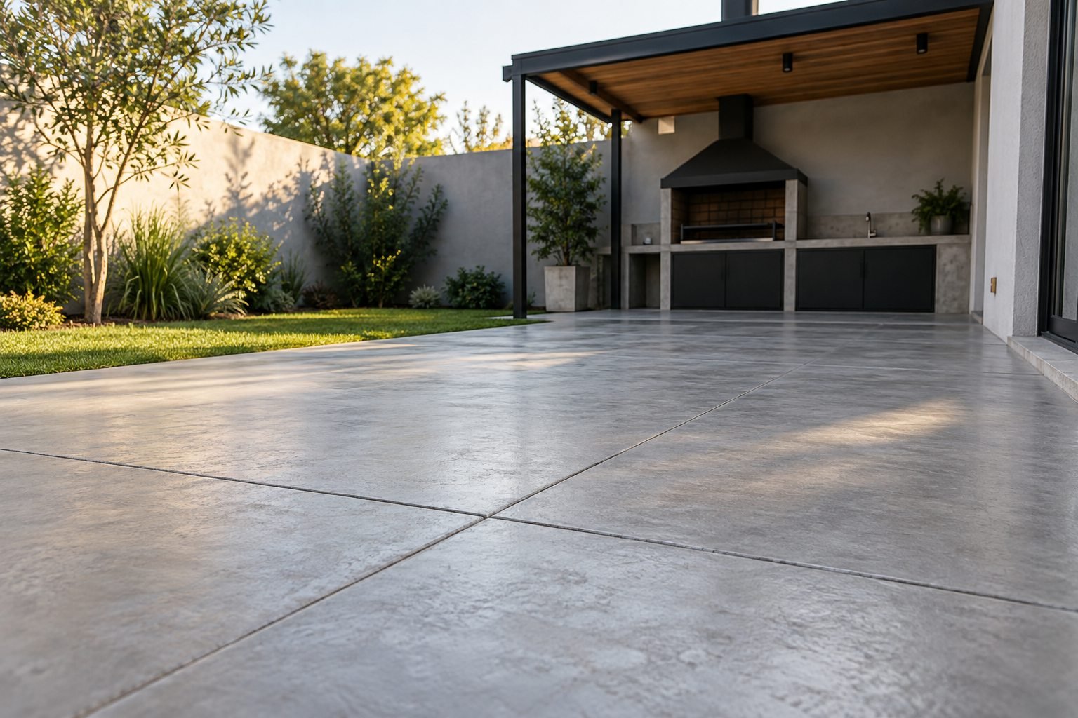 Patio residencial vacío con piso de hormigón terminado
