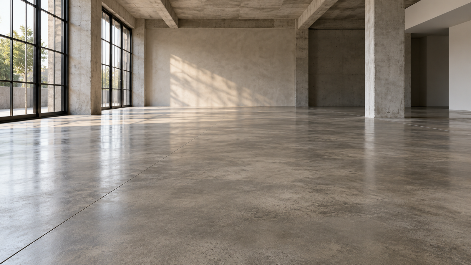 Interior vacío con piso de hormigón pulido