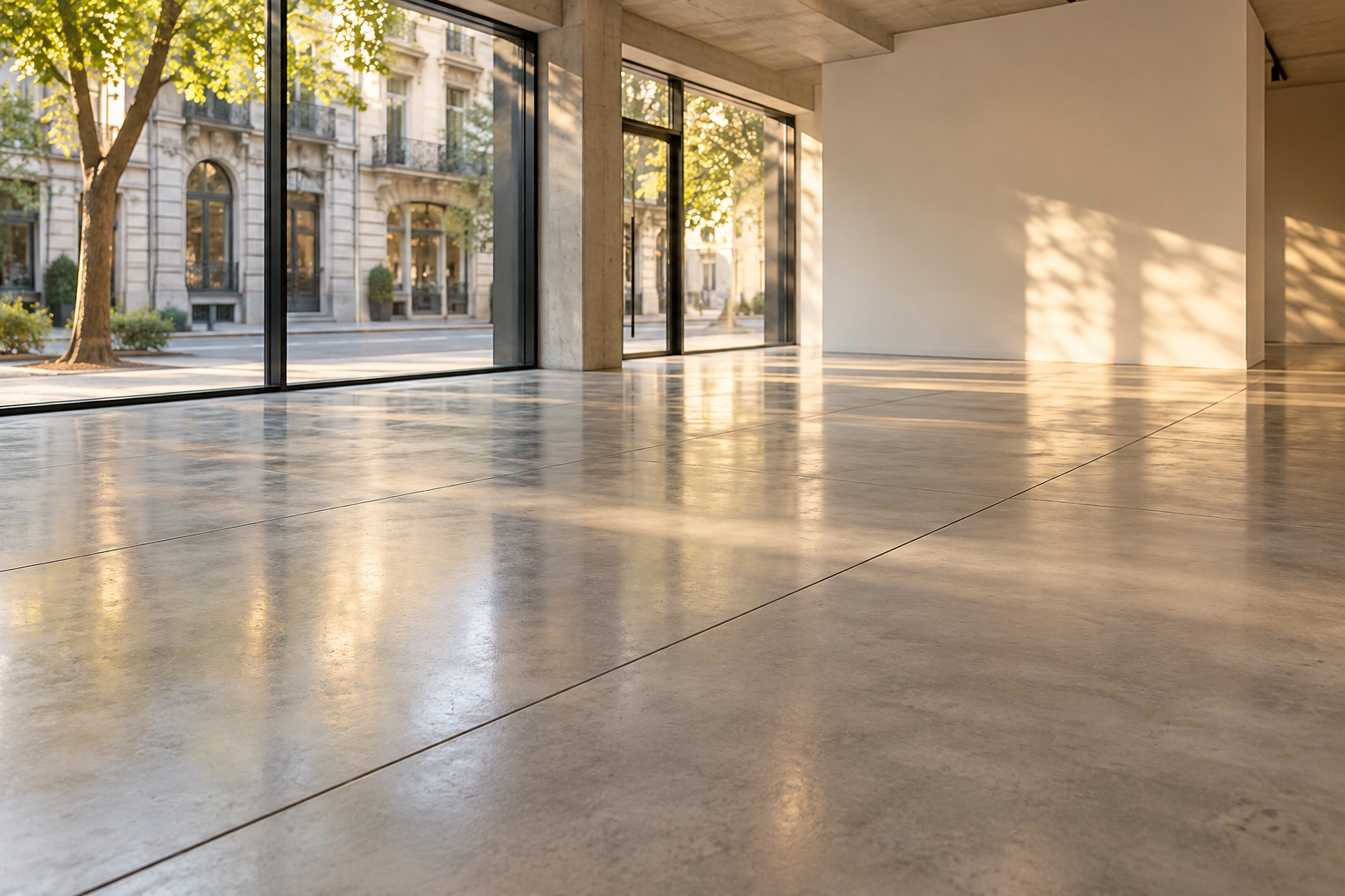 Piso de hormigón pulido en espacio urbano vacío