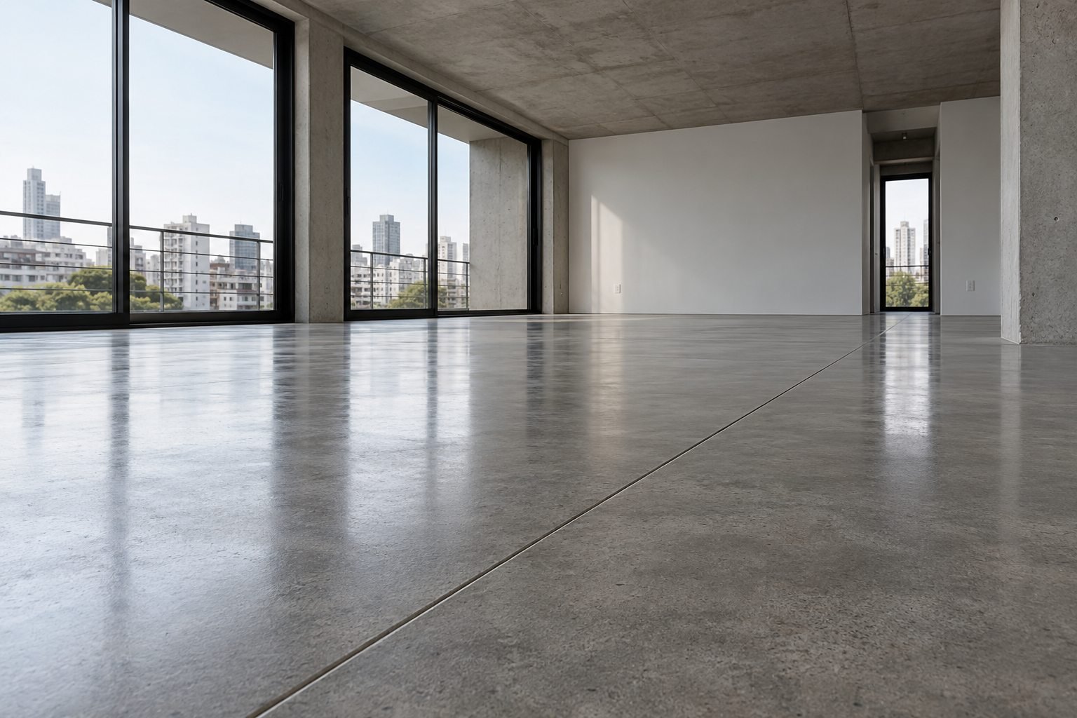 Ambiente vacío con piso de hormigón alisado y acabado satinado